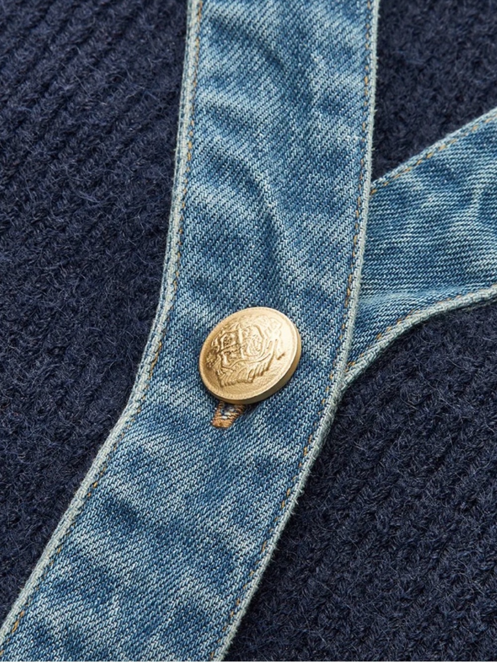 COMMENSE — Leg-Of-Mutton Sleeve Denim Panel Knit Cardigan